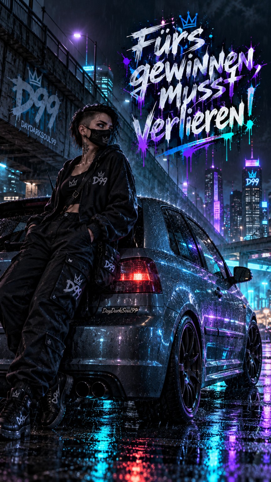 Originales D99-DNA-Motiv: Main-Charakter und Seat Ibiza im Regen